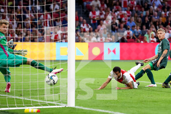 2021-08-14 - Noussair Mazraoui of Ajax scores his sides second goal during the Netherlands championship Eredivisie football match between Ajax and NEC on August 14, 2021 at the Johan Cruijff ArenA in Amsterdam, Netherlands - Photo Herman Dingler / Orange Pictures / DPPI - AJAX VS NEC - NETHERLANDS EREDIVISIE - SOCCER