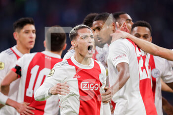 2021-10-24 - Antony of Ajax celebrates after scoring his sides third goal during the Netherlands championship Eredivisie football match between Ajax and PSV on October 24, 2021 at Johan Cruijff Arena in Amsterdam, Netherlands - AJAX VS PSV - NETHERLANDS EREDIVISIE - SOCCER