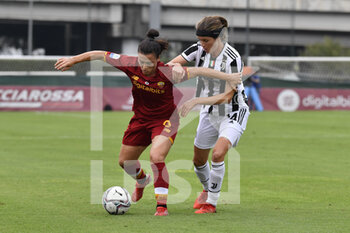 2021-10-02 - Valeria Pirone of AS Roma Women and Sofie Judge Pedersen of Juventus Women  in action during the Women Serie A match between AS Roma and Juventus at Tre Fontane Stadium on October 02, 2021 in Rome, Italy.  - ROMA WOMEN VS JUVENTUS FEMMINILE - ITALIAN SERIE A WOMEN - SOCCER