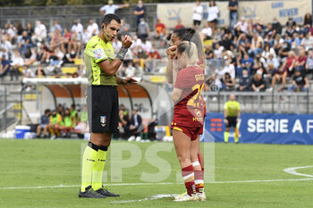 2021-10-02 - Alessandro Di Graci (referee) and Giada Greggi of AS Roma Women  in action during the Women Serie A match between AS Roma and Juventus at Tre Fontane Stadium on October 02, 2021 in Rome, Italy.  - ROMA WOMEN VS JUVENTUS FEMMINILE - ITALIAN SERIE A WOMEN - SOCCER