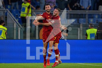 2021-09-12 - Bryan Cristante of AS Roma and Jordan Veretout of AS Roma celebrates after scoring goal 1-0 in action during the  Italian Football Championship League A 2021/2022 match between AS Roma vs US Sassuolo at the Olimpic Stadium in Rome. - AS ROMA VS US SASSUOLO - ITALIAN SERIE A - SOCCER