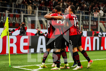 2021-09-22 - Theo Hernandez of AC Milan celebrates with his teammates after scoring a goal during the Serie A 2021/22 football match between AC Milan and Venezia FC at Giuseppe Meazza Stadium, Milan, Italy on September 22, 2021 - AC MILAN VS VENEZIA FC - ITALIAN SERIE A - SOCCER
