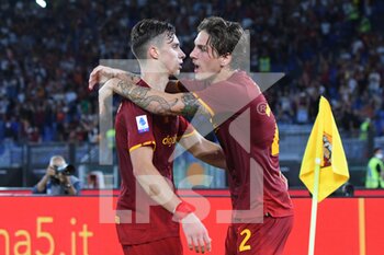2021-09-23 - ROME, ITALY - September 23 :  Riccardo Colafiori  (L) Nicolo' Zaniolo  of AS Roma  celebrates  after Tammy Abraham scoring a goal during the Italian Serie A  soccer match between  AS Roma  and Udinese  at Stadio Olimpico on September 23,2021 in Rome, Italy - AS ROMA VS UDINESE CALCIO - ITALIAN SERIE A - SOCCER
