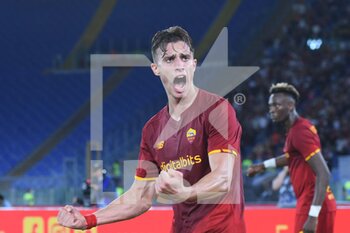 2021-09-23 - ROME, ITALY - September 23 :  Riccardo Calafiori  AS Roma  celebrates  at after Tammy Abraham scoring a goal during the Italian Serie A  soccer match between  AS Roma  and Udinese  at Stadio Olimpico on September 23,2021 in Rome, Italy - AS ROMA VS UDINESE CALCIO - ITALIAN SERIE A - SOCCER