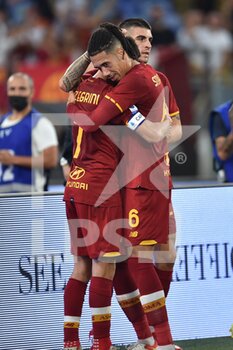 2021-10-03 - ROME, ITALY - October 3 : Lorenzo Pellegrini (7) of AS Roma  celebrates  after scores a goal during  Italian Serie A soccer match between  AS Roma  and  Empoli FC  at Stadio Olimpico on October 3,2021  in Rome Italy - AS ROMA VS EMPOLI FC - ITALIAN SERIE A - SOCCER