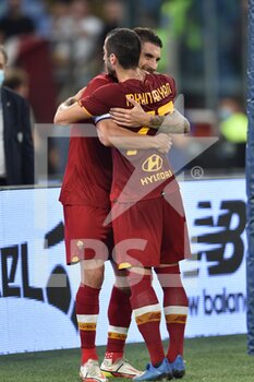2021-10-03 - ROME, ITALY - October 3 : Lorenzo Pellegrini (7) of AS Roma  celebrates  after scores a goal during  Italian Serie A soccer match between  AS Roma  and  Empoli FC  at Stadio Olimpico on October 3,2021  in Rome Italy - AS ROMA VS EMPOLI FC - ITALIAN SERIE A - SOCCER