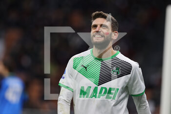 2021-11-28 - Domenico Berardi of US Sassuolo smiling during the Serie A 2021/22 football match between AC Milan and US Sassuolo at Giuseppe Meazza Stadium, Milan, Italy on November 28, 2021 - AC MILAN VS US SASSUOLO - ITALIAN SERIE A - SOCCER
