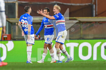2021-11-27 - Nicola Murru (Sampdoria), ANTONIO CANDREVA (Sampdoria), MORTEN THORSBY (Sampdoria), celebrates after scoring a goal - UC SAMPDORIA VS HELLAS VERONA FC - ITALIAN SERIE A - SOCCER