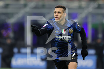 2021-12-12 - Alexis Sanchez of FC Internazionale celebrates after scoring a goal during the Serie A 2021/22 football match between FC Internazionale and Cagliari Calcio at Giuseppe Meazza Stadium, Milan, Italy on December 12, 2021 - INTER - FC INTERNAZIONALE VS CAGLIARI CALCIO - ITALIAN SERIE A - SOCCER