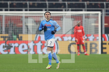 2021-12-19 - Eljif Elamas of SSC Napoli celebrates after scoring a goal during the Serie A 2021/22 football match between AC Milan and SSC Napoli at Giuseppe Meazza Stadium, Milan, Italy on December 19, 2021 - AC MILAN VS SSC NAPOLI - ITALIAN SERIE A - SOCCER