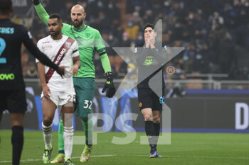 2021-12-22 - Alessandro Bastoni of FC Internazionale reacts during the Serie A 2021/22 football match between FC Internazionale and Torino FC at Giuseppe Meazza Stadium, Milan, Italy on December 22, 2021 - INTER - FC INTERNAZIONALE VS TORINO FC - ITALIAN SERIE A - SOCCER