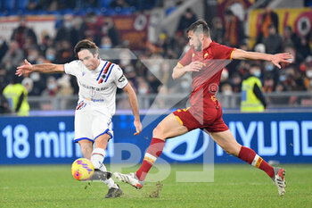 2021-12-22 - Tommaso Angelo (UC Sampdoria) Bryan Cristante (AS Roma)  during the  Italian Football Championship League A 2021/2022 match between AS Roma vs UC Sampdoria at the Olimpic Stadium in Rome  on 22 December 2021. - AS ROMA VS UC SAMPDORIA - ITALIAN SERIE A - SOCCER