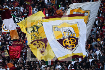 2021-10-24 - Supporters of Roma show their banners and flags during the Italian championship Serie A football match between AS Roma and SSC Napoli on October 24, 2021 at Stadio Olimpico in Rome, Italy - AS ROMA VS SSC NAPOLI - ITALIAN SERIE A - SOCCER