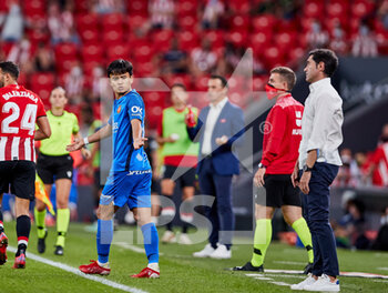 2021-09-11 - Takefusa Kubo of RCD Mallorca protest during the Spanish league, La Liga Santander, football match played between Athletic Club and RCD Mallorca at San Mames stadium on September 11, 2021 in Bilbao, Spain - ATHLETIC CLUB VS RCD MALLORCA - SPANISH LA LIGA - SOCCER