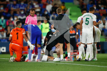 2021-09-13 - Pedro Bigas of Elche gets injured during the spanish league, La Liga Santander, football match played between Getafe CF and Elche CF at Coliseo Alfonso Perez stadium on September 13, 2021, in Getafe, Madrid, Spain - GETAFE CF VA ELCHE CF - SPANISH LA LIGA - SOCCER