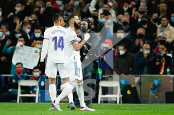 2021-12-12 - Karim Benzema of Real Madrid celebrates a goal during the Spanish championship La Liga football match between Real Madrid and Atletico de Madrid on December 12, 2021 at Santiago Bernabeu stadium in Madrid, Spain - REAL MADRID VS ATLETICO DE MADRID - SPANISH LA LIGA - SOCCER