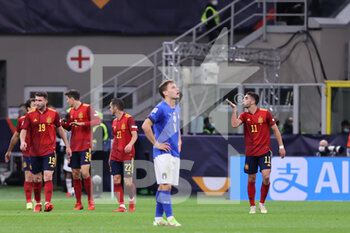 2021-10-06 - Ferran Torres of Spain celebrates after scoring a goal during the UEFA Nations League Finals 2021 semi-final football match between Italy and Spain at Giuseppe Meazza Stadium, Milan, Italy on October 06, 2021 - SEMIFINALE 2021 - ITALIA VS SPAGNA - UEFA NATIONS LEAGUE - SOCCER