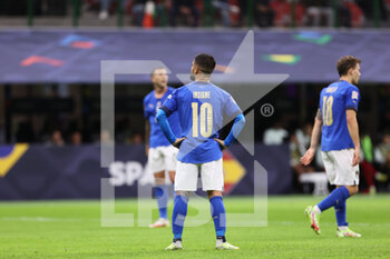 2021-10-06 - Lorenzo Insigne of Italy reacts during the UEFA Nations League Finals 2021 semi-final football match between Italy and Spain at Giuseppe Meazza Stadium, Milan, Italy on October 06, 2021 - SEMIFINALE 2021 - ITALIA VS SPAGNA - UEFA NATIONS LEAGUE - SOCCER