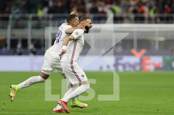 10/10/2021 - Karim Benzema of France celebrates after scoring a goal during the UEFA Nations League Finals 2021 final football match between Spain and France at Giuseppe Meazza Stadium, Milan, Italy on October 10, 2021 - FINALE - SPAGNA VS FRANCIA - UEFA NATIONS LEAGUE - CALCIO
