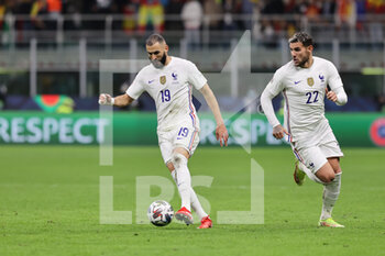 10/10/2021 - Karim Benzema of France and Theo Hernandez of France in action during the UEFA Nations League Finals 2021 final football match between Spain and France at Giuseppe Meazza Stadium, Milan, Italy on October 10, 2021 - FINALE - SPAGNA VS FRANCIA - UEFA NATIONS LEAGUE - CALCIO