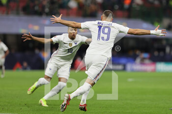 10/10/2021 - Karim Benzema of France celebrates with his teammates after scoring a goal during the UEFA Nations League Finals 2021 final football match between Spain and France at Giuseppe Meazza Stadium, Milan, Italy on October 10, 2021 - FINALE - SPAGNA VS FRANCIA - UEFA NATIONS LEAGUE - CALCIO