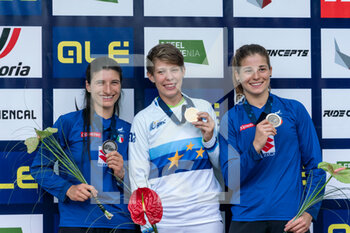 2021-08-07 - Elite women podium, 1st place Monika HRASTNIK of Slovenia, 2nd place Eleonora FARINA of Italy, 3rd place Veronika WIDMANN of Italy, during the 2021 UEC MTB Downhill European Championships, Cycling event on August 8, 2021 in Maribor, Slovenia - Photo Olly Bowman / DPPI - 2021 UEC MTB DOWNHILL EUROPEAN CHAMPIONSHIPS - CYCLOCROSS - CYCLING