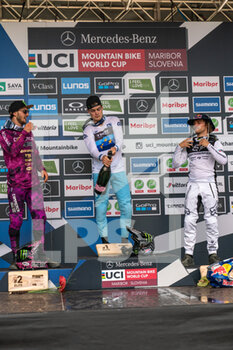 2021-08-15 - Mens Elite podium, 1st Loris VERGIER of France, 2nd Thibaut DAPRELA of France, 3rd Laurie GREENLAND of Great Britain, during the 2021 Mountain Bike World Cup on August 15, 2021 in Maribor, Slovenia - Photo Olly Bowman / DPPI - 2021 MOUNTAIN BIKE WORLD CUP - MTB - MOUNTAIN BIKE - CYCLING