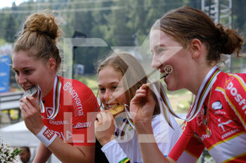 2021-08-28 - Podium of U23 race: first place for (5) - Mona Mitterwallner (Austria) - Second place for (2) - Laura Stigger (Austria) third (4) - Caroline Bohe (Denmark) - UCI MTB WORLD CHAMPIONSHIP - CROSS COUNTRY - WOMEN U23 RACE - MTB - MOUNTAIN BIKE - CYCLING