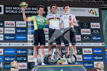 2021-08-26 - Mens elite podium, 1st place Christopher BLEVINS of the USA, 2nd place Henrique AVANCINI of Brazil, 3rd place Maximilian BRANDL of Germany, during the Cross Country Short Track XCC at the 2021 MTB World Championships, Mountain Bike cycling event on August 26, 2021 in Val Di Sole, Italy - Photo Olly Bowman / DPPI - 2021 MTB WORLD CHAMPIONSHIPS - MTB - MOUNTAIN BIKE - CYCLING