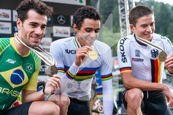 2021-08-26 - Mens elite podium, 1st place Christopher BLEVINS of the USA, 2nd place Henrique AVANCINI of Brazil, 3rd place Maximilian BRANDL of Germany, during the Cross Country Short Track XCC at the 2021 MTB World Championships, Mountain Bike cycling event on August 26, 2021 in Val Di Sole, Italy - Photo Olly Bowman / DPPI - 2021 MTB WORLD CHAMPIONSHIPS - MTB - MOUNTAIN BIKE - CYCLING
