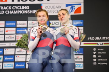 2021-10-23 - Podium Time Trial women Russian cyclist Anastasiia VOINOVA and Daria SHMELEVA during the Tissot UCI Track Cycling World Championships 2021 on October 23, 2021 at Stab Vélodrome in Roubaix, France - TISSOT UCI TRACK CYCLING WORLD CHAMPIONSHIPS 2021 - TRACK - CYCLING