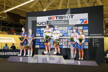 2021-10-23 - Podium ceremony Madison women during the Tissot UCI Track Cycling World Championships 2021 on October 23, 2021 at Stab Vélodrome in Roubaix, France - TISSOT UCI TRACK CYCLING WORLD CHAMPIONSHIPS 2021 - TRACK - CYCLING