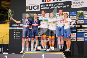 2021-10-23 - Podium women Madison 30 km during the Tissot UCI Track Cycling World Championships 2021 on October 23, 2021 at Stab Vélodrome in Roubaix, France - TISSOT UCI TRACK CYCLING WORLD CHAMPIONSHIPS 2021 - TRACK - CYCLING