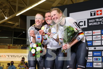 2021-10-23 - Podium individual pursuit women succes Germany during the Tissot UCI Track Cycling World Championships 2021 on October 23, 2021 at Stab Vélodrome in Roubaix, France - TISSOT UCI TRACK CYCLING WORLD CHAMPIONSHIPS 2021 - TRACK - CYCLING