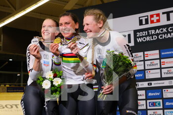 2021-10-23 - Podium individual pursuit women during the Tissot UCI Track Cycling World Championships 2021 on October 23, 2021 at Stab Vélodrome in Roubaix, France - TISSOT UCI TRACK CYCLING WORLD CHAMPIONSHIPS 2021 - TRACK - CYCLING