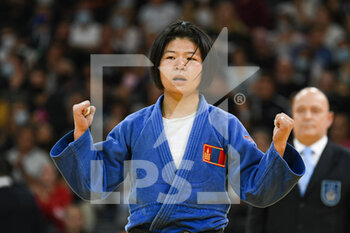 2021-10-16 - Women -52 kg, Khorloodoi BISHRELT of Mongolia bronze medal celebrates during the Paris Grand Slam 2021, Judo event on October 16, 2021 at AccorHotels Arena in Paris, France - PARIS GRAND SLAM 2021, JUDO EVENT - JUDO - CONTACT