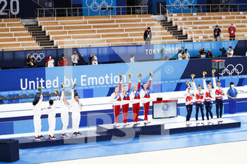2021-07-27 - USA 2nd Silver Medal, ROC Winner Gold Medal, GBR 3rd Bronze Medal during the Olympic Games Tokyo 2020, Artistic Gymnastics Women's Team All-around Medal Ceremony on July 27, 2021 at Ariake Gymnastics Centre in Tokyo, Japan - Photo Photo Kishimoto / DPPI - OLYMPIC GAMES TOKYO 2020, JULY 27, 2021 - OLYMPIC GAMES TOKYO 2020 - OLYMPIC GAMES