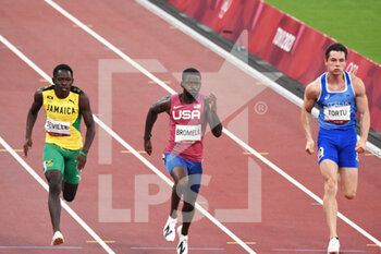 2021-08-01 - Oblique Seville (JAM), Trayvon Bromell (USA), Filipo Tortu (ITA) compete on men's 100m semi-final during the Olympic Games Tokyo 2020, Athletics, on August 1, 2021 at Tokyo Olympic Stadium in Tokyo, Japan - Photo Yoann Cambefort / Marti Media / DPPI - OLYMPIC GAMES TOKYO 2020, AUGUST 1, 2021 - OLYMPIC GAMES TOKYO 2020 - OLYMPIC GAMES