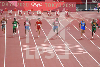 2021-08-01 - Andre de Grasse (CAN), Enoch Adegoke (NGR), Ronnie Baker (USA), Bingtian Su (CHN), Fred Kerley (USA), Lamont Marcell Jacobs (ITA), Akani Simbine (RSA), men's 100m final during the Olympic Games Tokyo 2020, Athletics, on August 1, 2021 at Tokyo Olympic Stadium in Tokyo, Japan - Photo Yoann Cambefort / Marti Media / DPPI - OLYMPIC GAMES TOKYO 2020, AUGUST 1, 2021 - OLYMPIC GAMES TOKYO 2020 - OLYMPIC GAMES