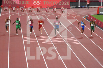 2021-08-01 - Andre de Grasse (CAN), Enoch Adegoke (NGR), Ronnie Baker (USA), Bingtian Su (CHN), Fred Kerley (USA), Lamont Marcell Jacobs (ITA), Akani Simbine (RSA), men's 100m final during the Olympic Games Tokyo 2020, Athletics, on August 1, 2021 at Tokyo Olympic Stadium in Tokyo, Japan - Photo Yoann Cambefort / Marti Media / DPPI - OLYMPIC GAMES TOKYO 2020, AUGUST 1, 2021 - OLYMPIC GAMES TOKYO 2020 - OLYMPIC GAMES