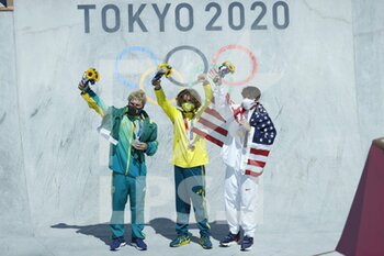 05/08/2021 - Pedro BARROS (BRA) 2nd place Silver Medal, Keegan PALMER (AUS) Winner Gold Medal, Cory JUNEAU (USA) 3rd place Bronze Medal during the Olympic Games Tokyo 2020, Skateboarding Men's Park Final on August 5, 2021 at Ariake Urban Sports Park in Tokyo, Japan - Photo Photo Kishimoto / DPPI - OLYMPIC GAMES TOKYO 2020, AUGUST 05, 2021 - OLIMPIADI TOKYO 2020 - GIOCHI OLIMPICI