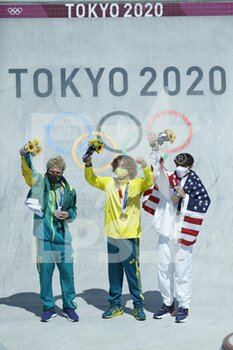 05/08/2021 - Pedro BARROS (BRA) 2nd place Silver Medal, Keegan PALMER (AUS) Winner Gold Medal, Cory JUNEAU (USA) 3rd place Bronze Medal during the Olympic Games Tokyo 2020, Skateboarding Men's Park Final on August 5, 2021 at Ariake Urban Sports Park in Tokyo, Japan - Photo Photo Kishimoto / DPPI - OLYMPIC GAMES TOKYO 2020, AUGUST 05, 2021 - OLIMPIADI TOKYO 2020 - GIOCHI OLIMPICI