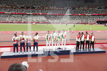 2021-08-07 - Great Britain 2nd Silver Medal, Italy Winner Gold Medal, Canada 3rd Bronze Medal during the Olympic Games Tokyo 2020, Athletics Mens 4x100m Relay Medal Ceremony on August 7, 2021 at Olympic Stadium in Tokyo, Japan - Photo Yuya Nagase / Photo Kishimoto / DPPI - OLYMPIC GAMES TOKYO 2020, AUGUST 07, 2021 - OLYMPIC GAMES TOKYO 2020 - OLYMPIC GAMES