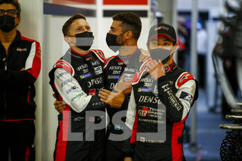 2021-08-19 - Conway Mike (gbr), Kobayashi Kamui (jpn), Lopez Jose Maria (arg), Toyota Gazoo Racing, Toyota GR010 - Hybrid, portrait, celebrating their pole position during the free practice and qualifying sessions of 24 Hours of Le Mans 2021, 4th round of the 2021 FIA World Endurance Championship, FIA WEC, on the Circuit de la Sarthe, from August 18 to 22, 2021 in Le Mans, France - Photo Xavi Bonilla / DPPI - 24 HOURS OF LE MANS 2021, 4TH ROUND OF THE 2021 FIA WORLD ENDURANCE CHAMPIONSHIP, WEC - ENDURANCE - MOTORS