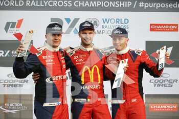 2021-10-10 - podium, portrait 47 Jesse KALLIO (FIN), RX2e, 82 Isak SJOKVIST (SWE), RX2e, 96 Guillaume DE RIDDER, (bel) RX2e, portrait during the World RX of Benelux, 6th round of the 2021 FIA World Rallycross Championship, FIA WRX, from October 8 and 10 on the Circuit de Spa-Francorchamps, in Stavelot, Belgium - WORLD RX OF BENELUX, 6TH ROUND OF THE 2021 FIA WORLD RALLYCROSS CHAMPIONSHIP, FIA WRX - RALLY - MOTORS