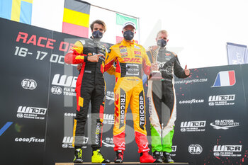 2021-10-17 - Podium of Race 1: Coronel Tom (ndl), Comtoyou DHL Team Audi Sport, Audi RS 3 LMS TCR (2021), Magnus Gilles (bel), Comtoyou Team Audi Sport, Audi RS 3 LMS TCR (2021), Boldizs Bence (hun), Zengo Motorsport Drivers' Academy, Cupa Leon Competicion TCR, portrait during the 2021 FIA WTCR Race of France, 6th round of the 2021 FIA World Touring Car Cup, on the Circuit Pau-Arnos, from October 16 to 17, 2021 in Arnos, France - 2021 FIA WTCR RACE OF FRANCE, 6TH ROUND OF THE 2021 FIA WORLD TOURING CAR CUP - RALLY - MOTORS