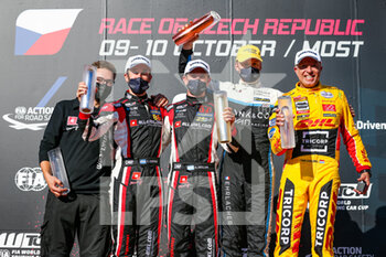 10/10/2021 - Podium of race 1: Girolami Nestor (arg), ALL-INKL.COM Munnich Motorsport, Honda Civic Type R TCR (FK8), Guerrieri Esteban (arg), ALL-INKL.COM Munnich Motorsport, Honda Civic Type R TCR (FK8), Ehrlacher Yann (fra), Cyan Racing Lynk & Co, Lync & Co 03 TCR, Coronel Tom (ndl), Comtoyou DHL Team Audi Sport, Audi RS 3 LMS TCR (2021), portrait during the 2021 FIA WTCR Race of Czech Republic, 5th round of the 2021 FIA World Touring Car Cup, on the Autodrom Most, from October 8 to 10, 2021 in Most, Czech Republic - 2021 FIA WTCR RACE OF CZECH REPUBLIC, 5TH ROUND OF THE 2021 FIA WORLD TOURING CAR CUP - TURISMO E GRAN TURISMO - MOTORI