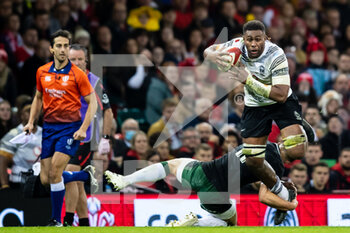 2021-11-14 - Viliame Mata of Fiji is tackled by Louis Rees-Zammit of Wales during the Autumn Nations Series 2021, rugby union test match between Wales and Fiji on November 14, 2021 at Principality Stadium in Cardiff, Wales - TEST MATCH 2021 - WALES VS FIJI - AUTUMN NATIONS SERIES - RUGBY