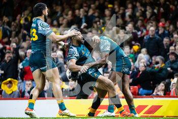 2021-11-20 - Filipo Daugunu of Australia celebrates scoring his sides third try during the Autumn Nations Series 2021, rugby union test match between Wales and Australia on November 20, 2021 at the Principality Stadium in Cardiff, Wales - TEST MATCH 2021 - WALES VS AUSTRALIA - AUTUMN NATIONS SERIES - RUGBY