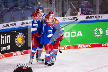 2021-11-11 - 11.11.2021, Krefeld,  Yayla Arena, Deutschland Cup: Germany - Russia, #83 Maxim Groshev (Russia) celebrates his goal for the 0:1 with #7 Artur Tyanulin (Russia) and #2 Alexander Shchemerov (Russia) - DEUTSCHLAND CUP 2021: GERMANY VS RUSSIA - ICE HOCKEY - WINTER SPORTS
